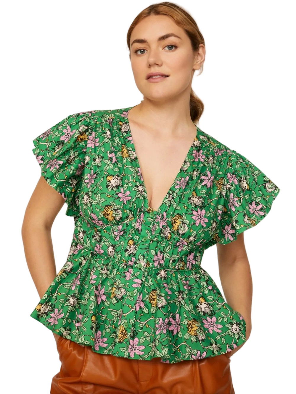 🎀Derek Lam 10 Crosby Green Floral V-Neck Ruffle Sleeve Peplum Top size 14 GUC